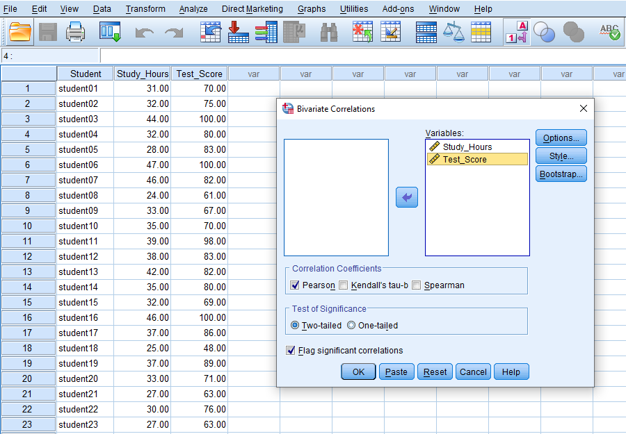 SPSS Pearson correlation